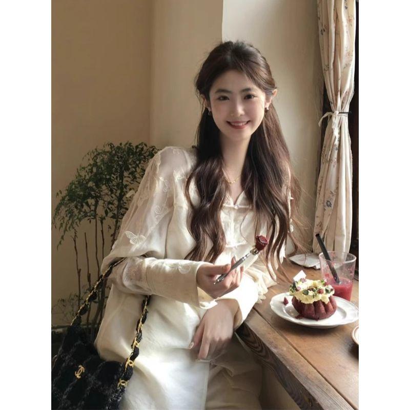 Kumikumi New Chinese Style Three-Dimensional Butterfly Frog Long Sleeve Shirt Women's Autumn National Style Chic Loose Slim Looking Tops