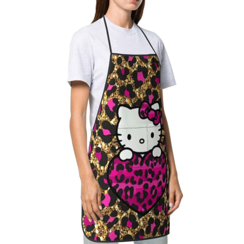 ZOOKISS Hello Kitty Leopard Print Apron, Cute with Two Pockets, Women's, Waterproof, Lightweight, Soft, Stylish, Stain-Resistant, Wrinkle-Resistant, S