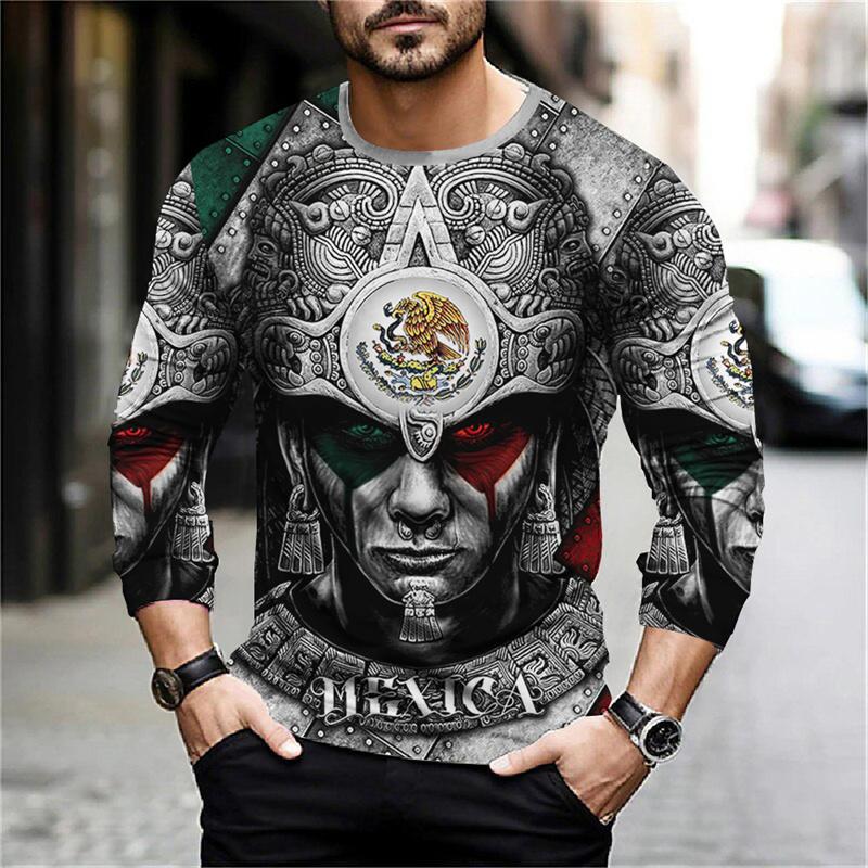 Round Neck 3D Aztec Graphic Printed Casual Long Sleeved Men's T-shirts - Soft Medium Stretch Polyester Fabric Spring and Autumn Relaxed Fit Clothing