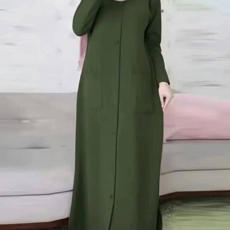 Solid Color Loose Fit Long Sleeve Round Neck Dress