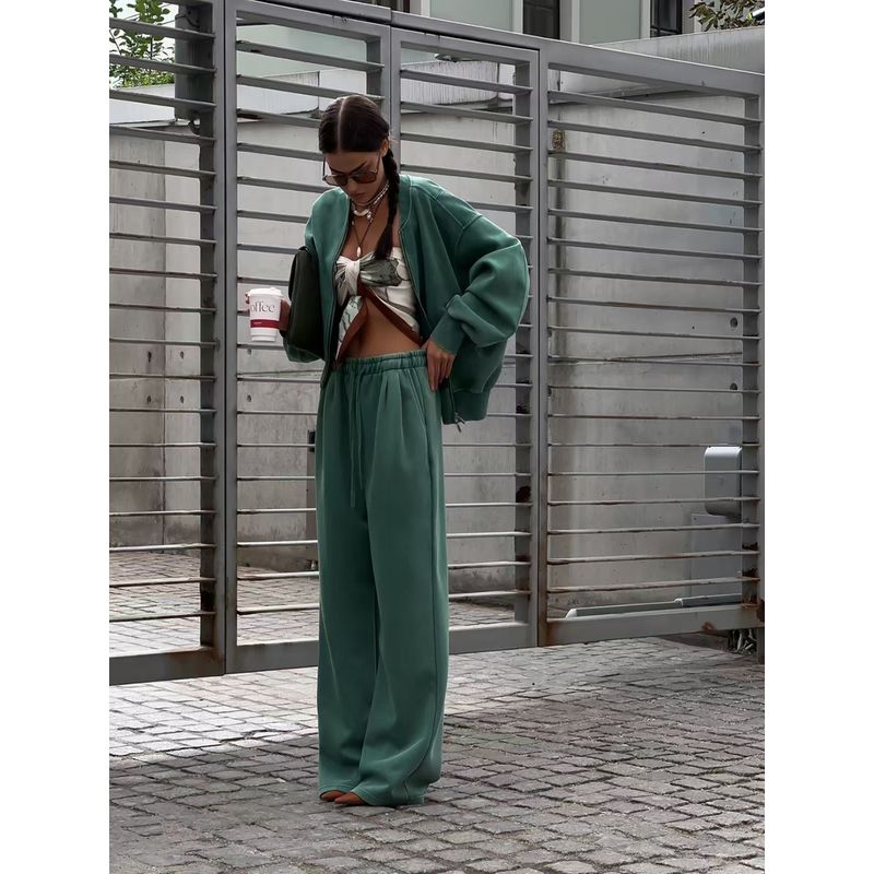Fashion Wind Long-Sleeve Zipper Loose Sweater High Waist Straight Pants Suit Loose Top and Pants Set
