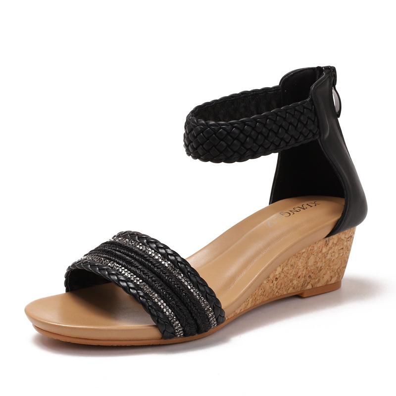 

Wedge heel strap woven Roman shoes summer new rear zipper bohemian vacation sandals 36 чёрный