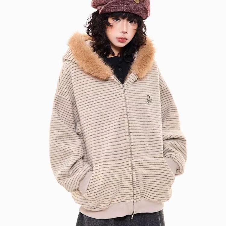 Koreanischer Stil Kapuzen-Kaninchenohr Plüsch Damen Strickware – Gestreift Unisex Lockerer Schnitt mit Herbst/Winter Samt.