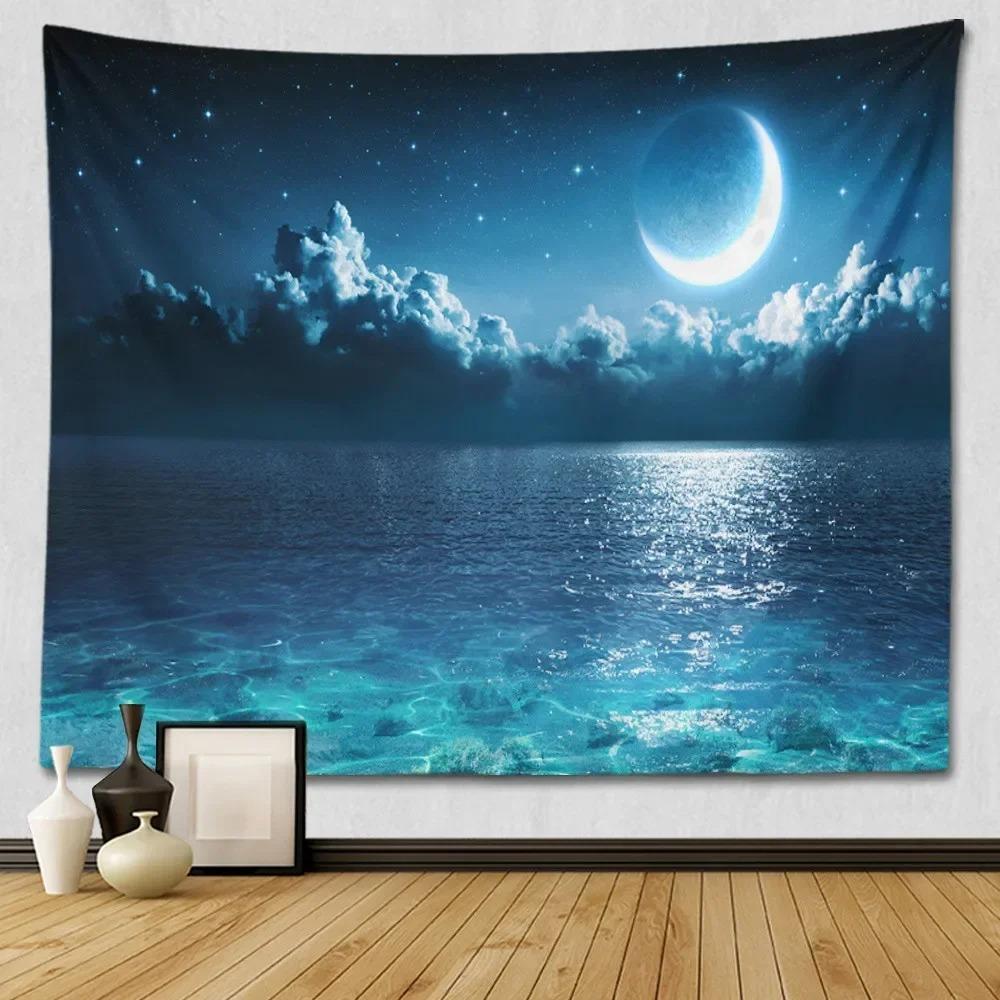 Suitable For Bedroom Wall Decoration Starry Sky Moon Tapestry Blue Starry Night Galaxy Universe Large Fabric Wall Hanging