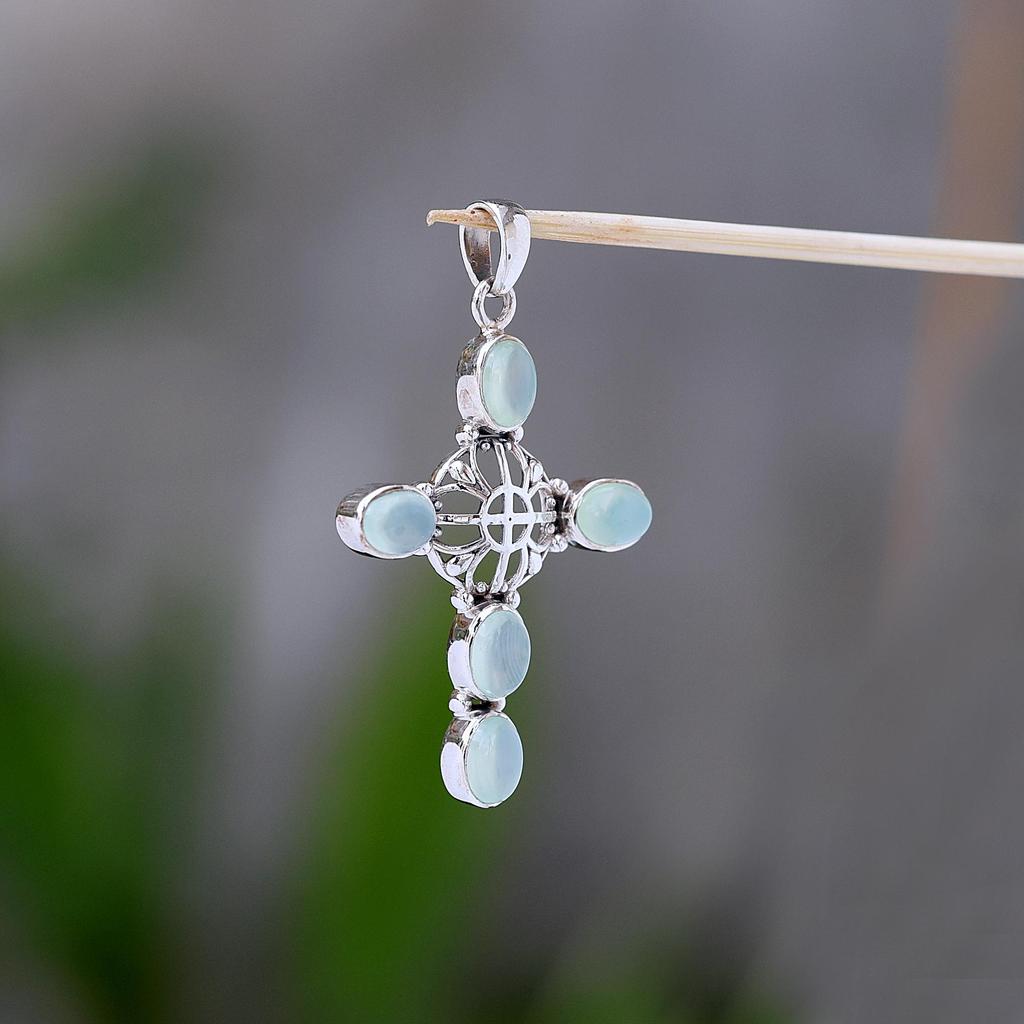 Aquamarine Gemstone Cross Pendant 100% 925 Sterling Silver Handmade Jewelry