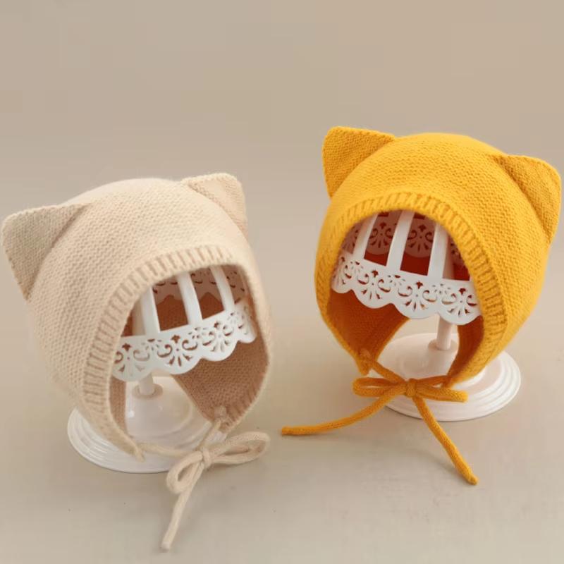 Winter Warm Knitted Baby Hat With Ears Solid Color Baby Boys Girls Cap Beanies Soft Infant Toddler Earflap Hats Bonnet