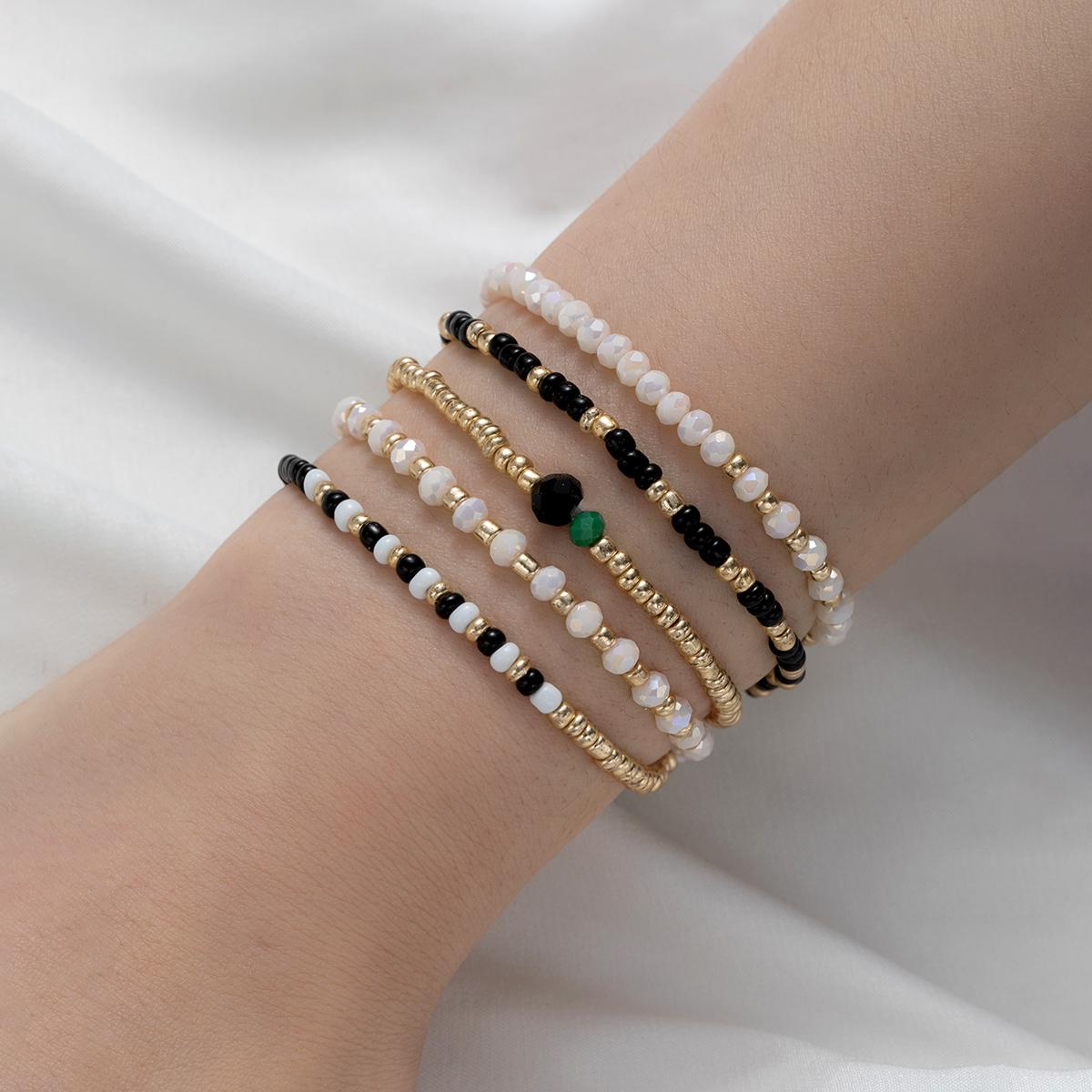 5-piece set of Bohemian style contrasting beige beads mixed with crystal beaded layered women s bracelet