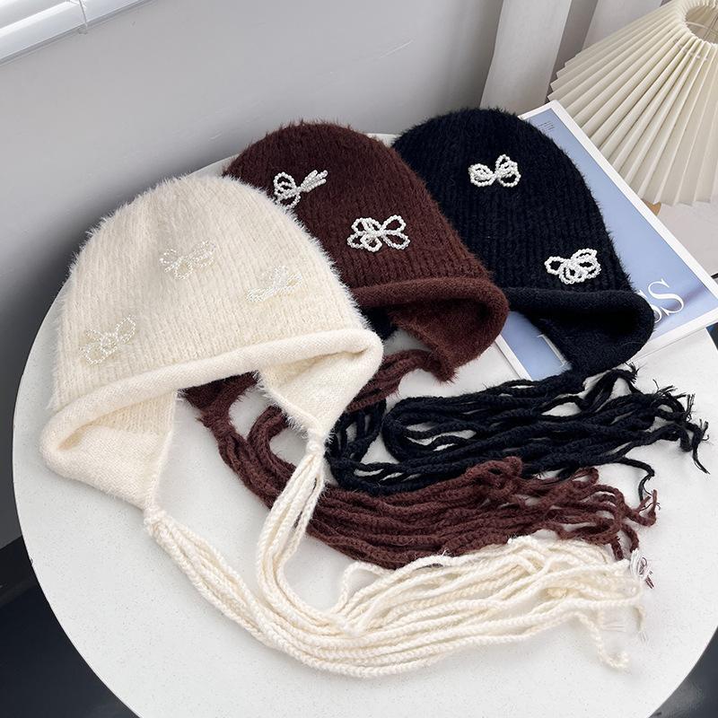 Source Spot Pearl Bow Acrylic Knitted Ear Cap Women's Autumn and Winter Daily Versatile Warm Wool Cap