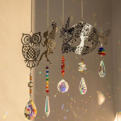 Faux Crystal Sun Catcher Decoration Hollow Fairy Tree of Life Owl Butterfly Hummingbird Hanging Ornament Indoor Home Garden Window Hanging Pendant