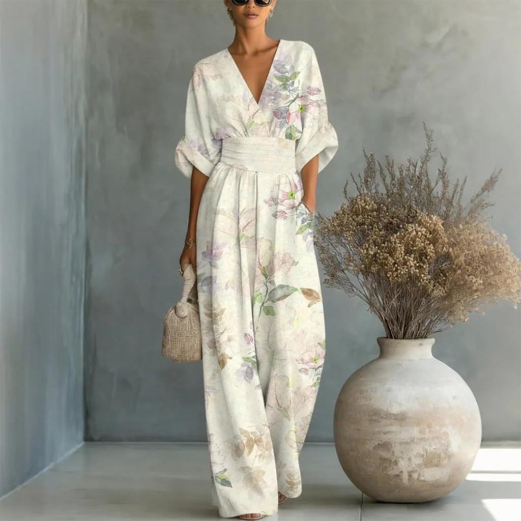 Dames Elegante V-hals Bedrukte Jumpsuit met Tailleband Losse Pasvorm Lange Mouwen Eendelig Outfit voor Casual of Formeel Gebruik