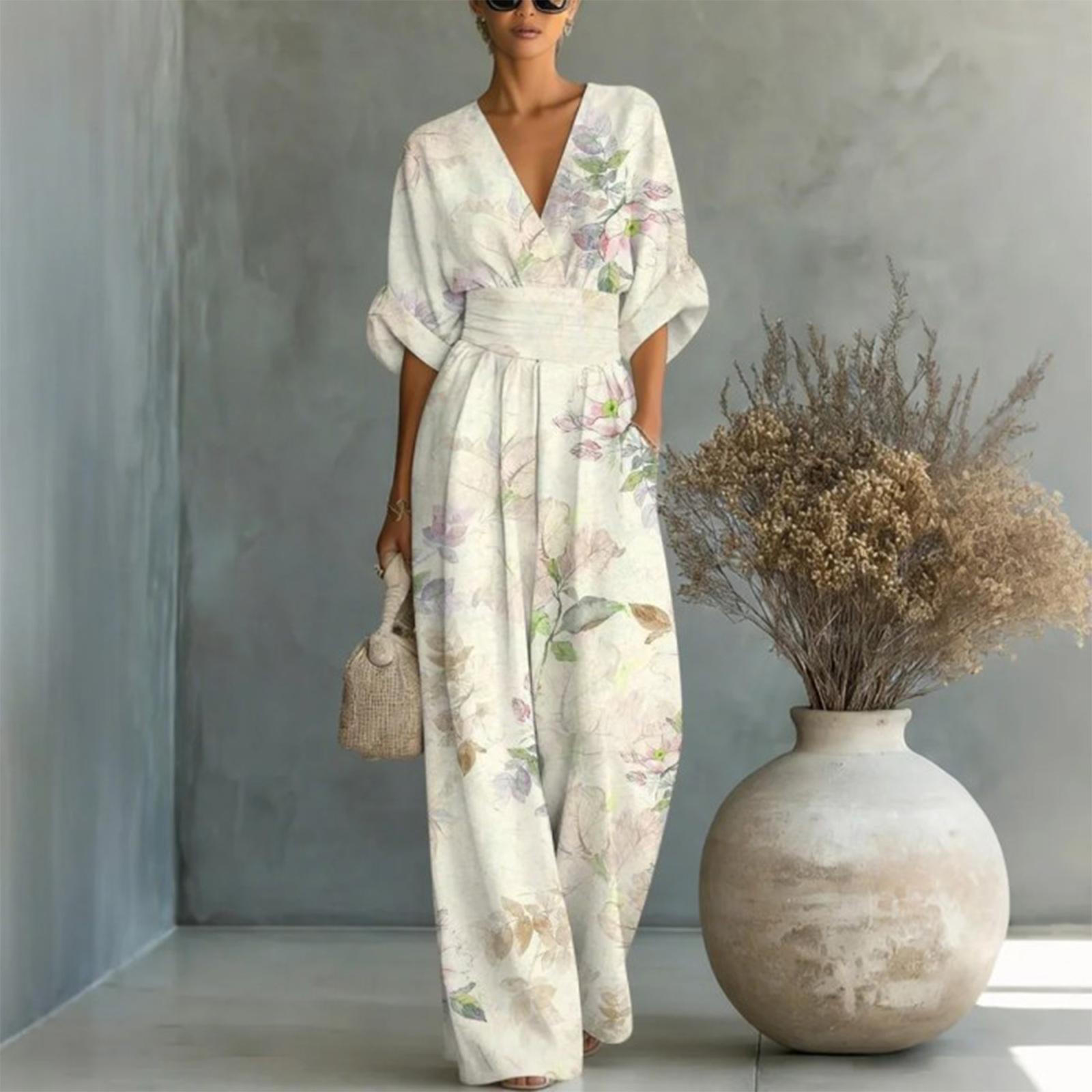 

Women’s Elegant V Neck Printed Jumpsuit with Waist Tie Loose Fit Long Sleeve One Piece Outfit for Casual or Formal Wear L