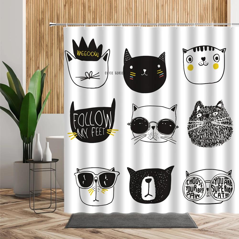 3D Cartoons Black White Cat Bathroom Waterproof Shower Curtain Simple Footprint Bathroom Curtains for Bathtub Screen with Hooks