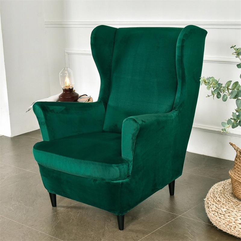 Bottle Green Velvet Elastic Wingback Armchair Cover [22E8]