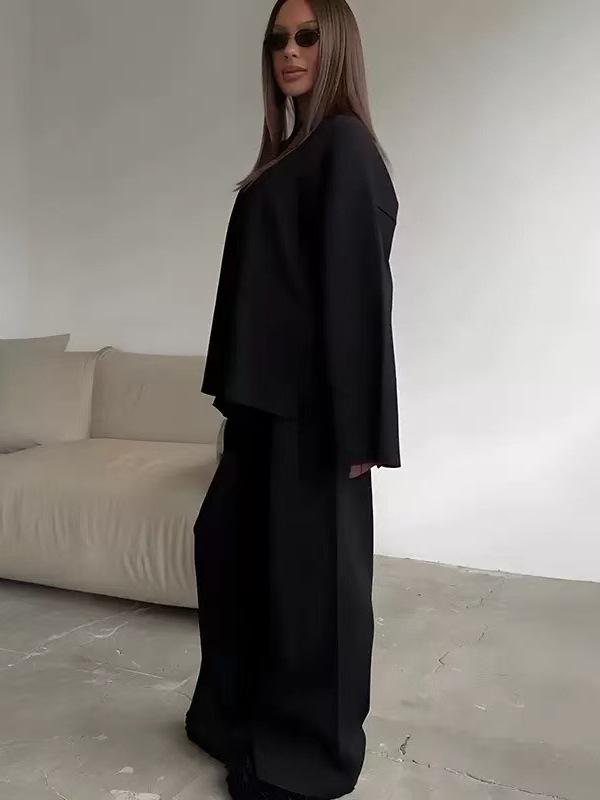 European & American Style Women's Solid Color Long Sleeve Wide Leg Pants Sweater Set