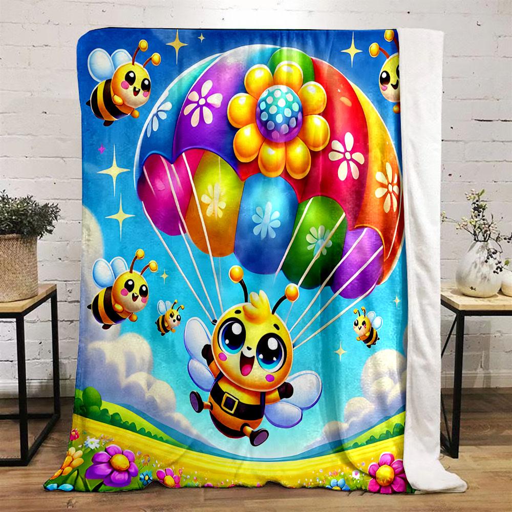 Cute Bee with Colorful Parachute Patterned flannel blanket perfect for the bedroom living room, sofa, or a little nap
