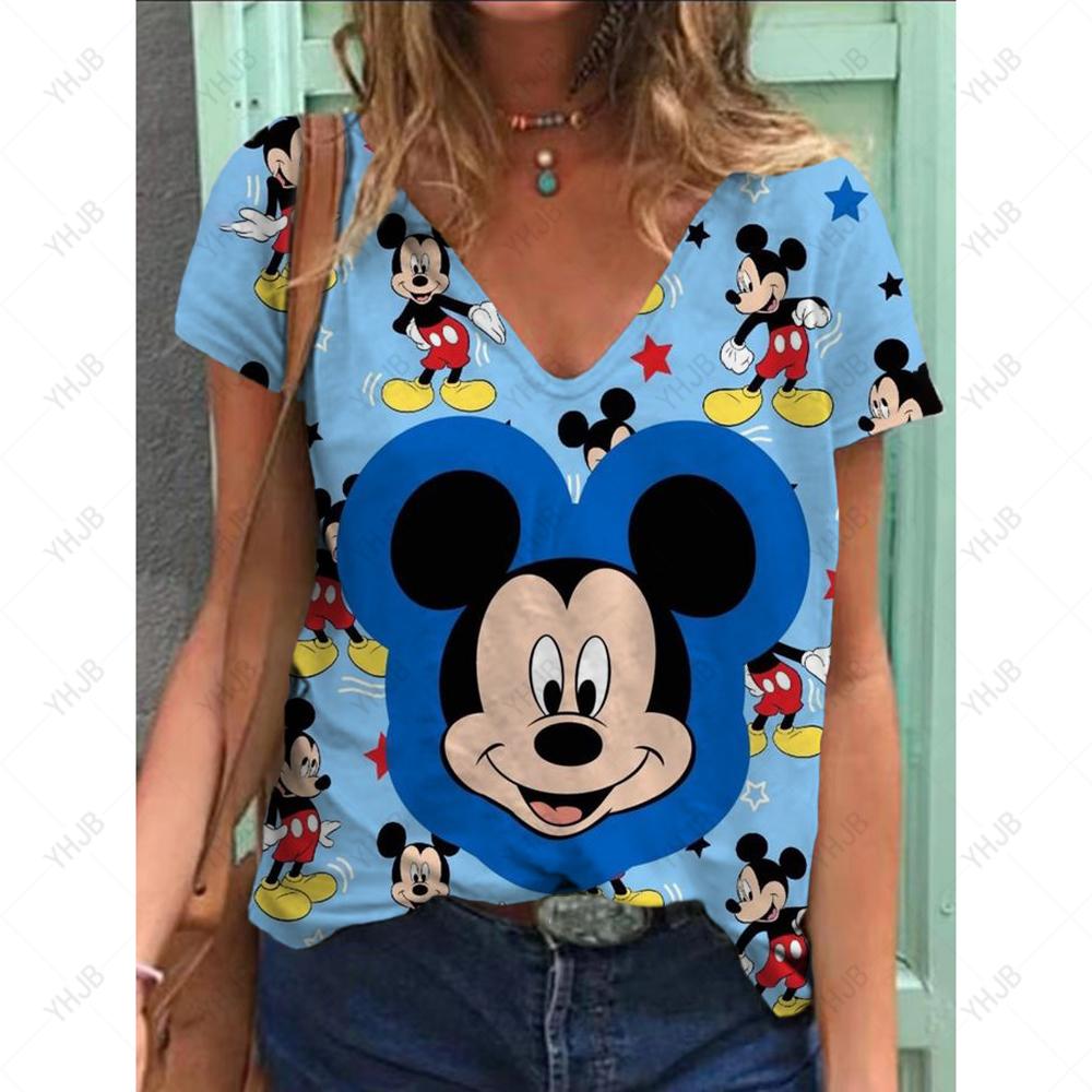 Sommer Ny Mote Dame V-hals Topp Kort Ermet T-skjorte Disney Mikke Mus Trykk Casual Gate Allsidighet Y2K Oversize-5XL