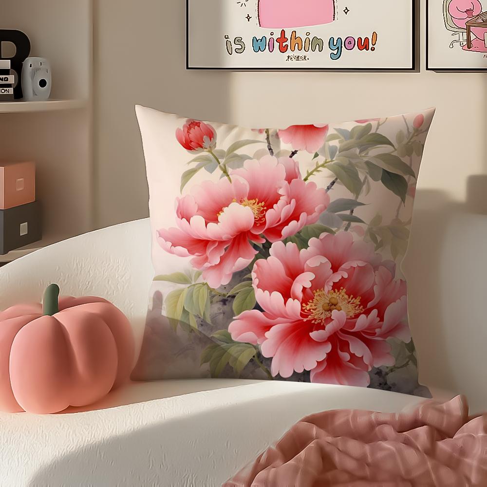 Gorgeous Traditional Chinese Floral Art Peony Cushion Cover Pillowcase Short Plush Invisible zipper Room Sofa Cushion Cover