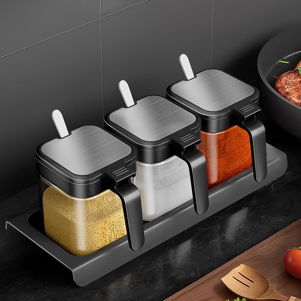 Glass Condiment Jar with Tray Spice Container and Lid and Spoon Enduring Seasoning Jars Organizer Storage Bottles for Spice Rack