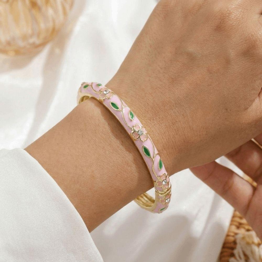 Metal Cloisonne Bracelet Retro Enamel Flower Bangle Closed End Enamel Bracelet Ethnic Style