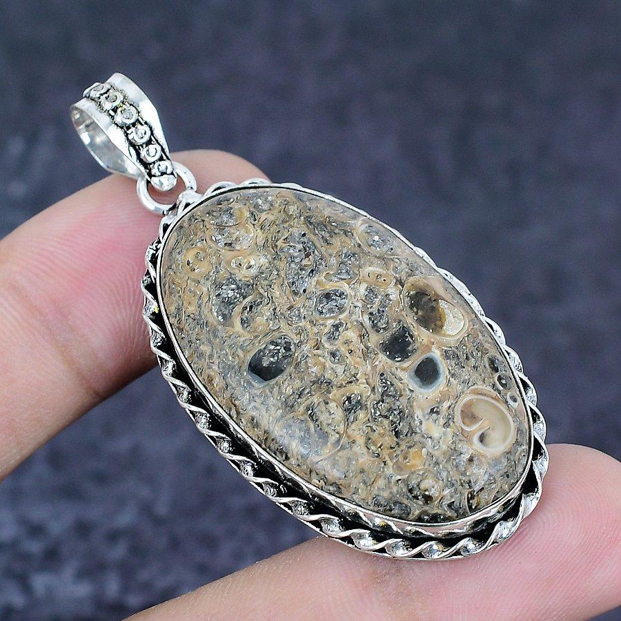 Turritella Fossil Gemstone 925 Sterling Silver Jewelry Pendant 2.25"