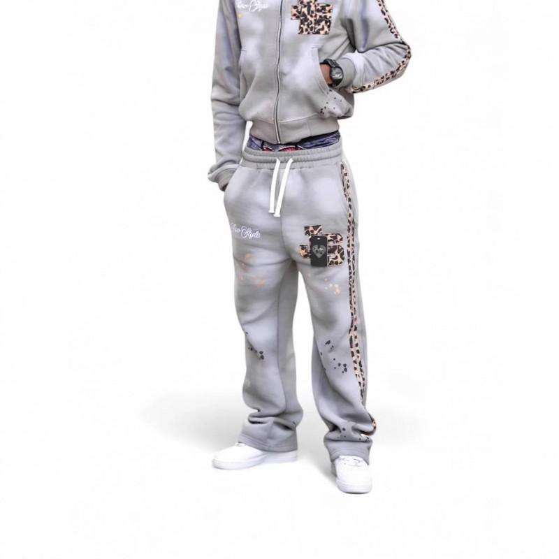 Streetwear mikina s kapucí a kalhoty Set Muži Ženy Leopard Písmeno Na zip Rovné nohavice
