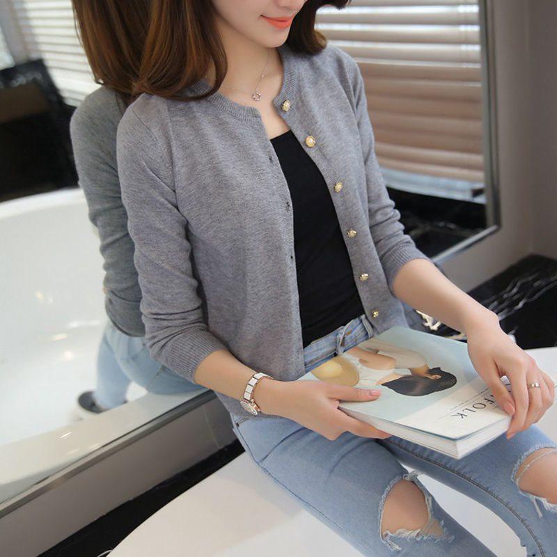 

Женский облегающий вязаный кардиган с круглым вырезом — легкий однотонный свитер для весны и осени One Size серый