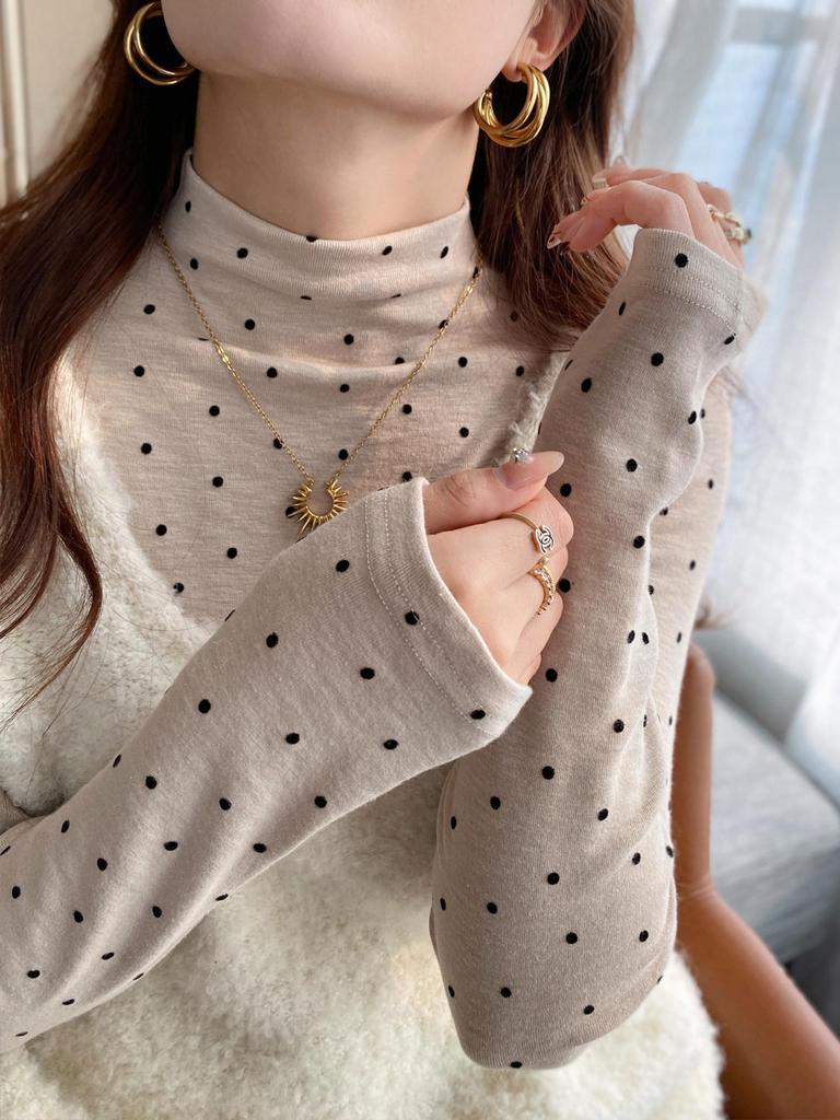 Women's Polka Dot Fleece-Lined Long-Sleeve Base Layer Shirt - Korean Style Winter Top