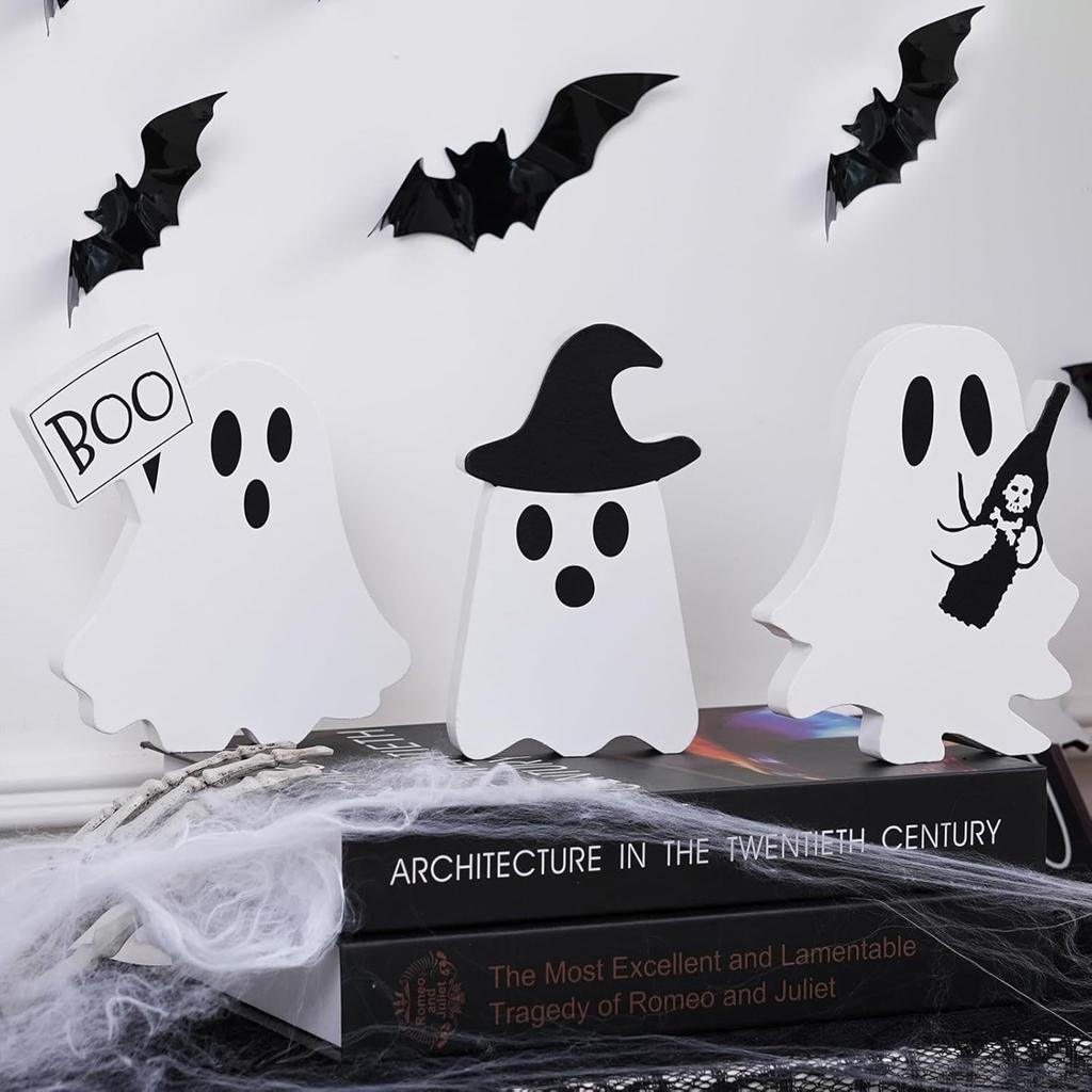 Spooky Halloween Ghosts Adorable Wooden Table Centerpiece Tiered Tray Decoration Desk Ornament Art Craft Party Favor