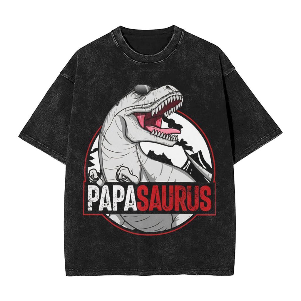 Papasaurus Washed TShirt Mens Vintage Casual TShirts Summer Crew Neck Novelty Tee Shirt Simple Oversized Clothing