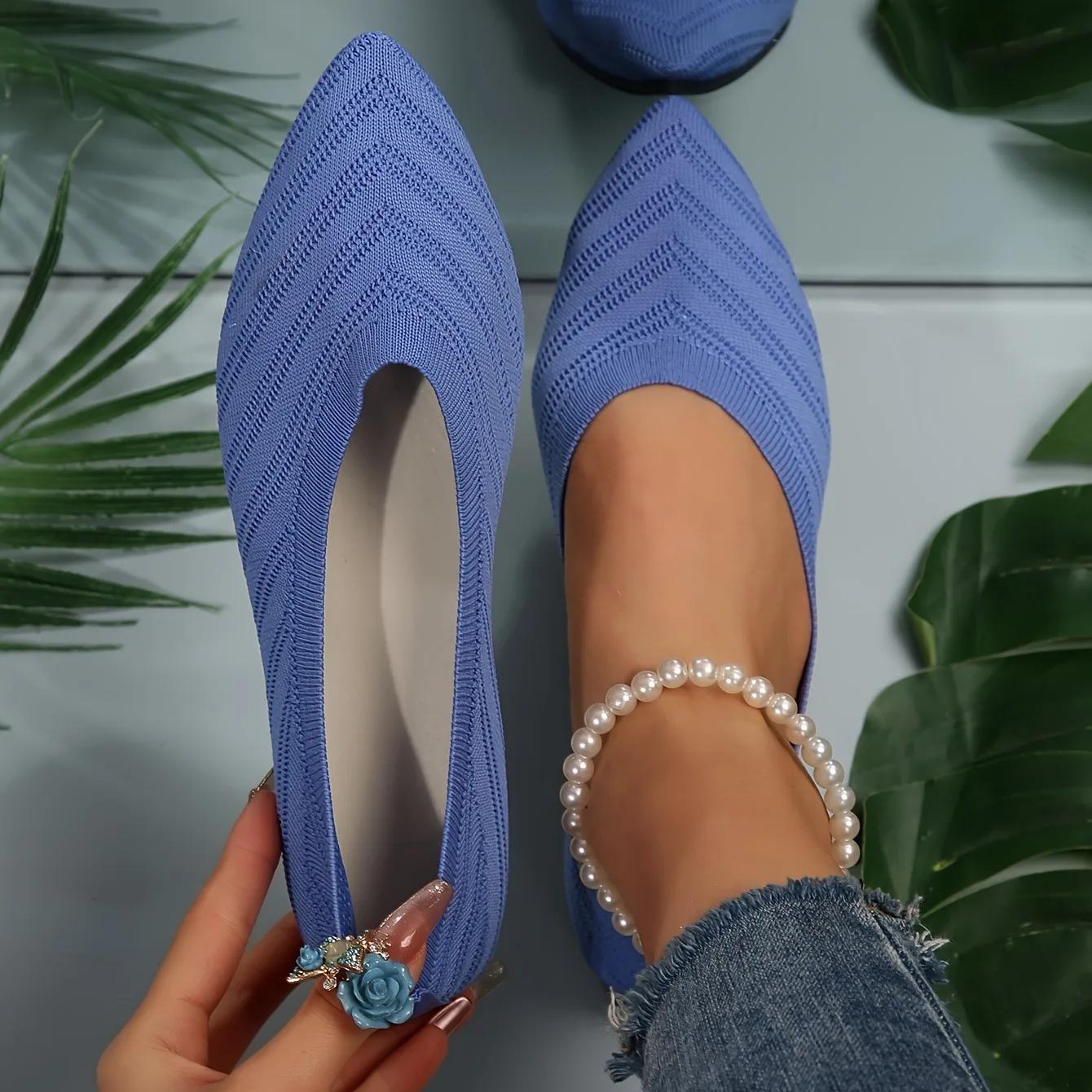 Cheese Shoes Damesschoenen met puntneus, effen kleur, gebreide instappers, casual ademende schoenen voor lente en zomer 39 blauw
