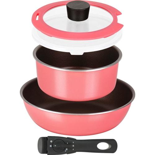 [.co.jp Exclusive] Wahei Freiz 5-Piece Pot and Frying Pan Set in Macaron Pink, Induction, Gas, and Oven Compatible, Cook Delhi AMB-2414