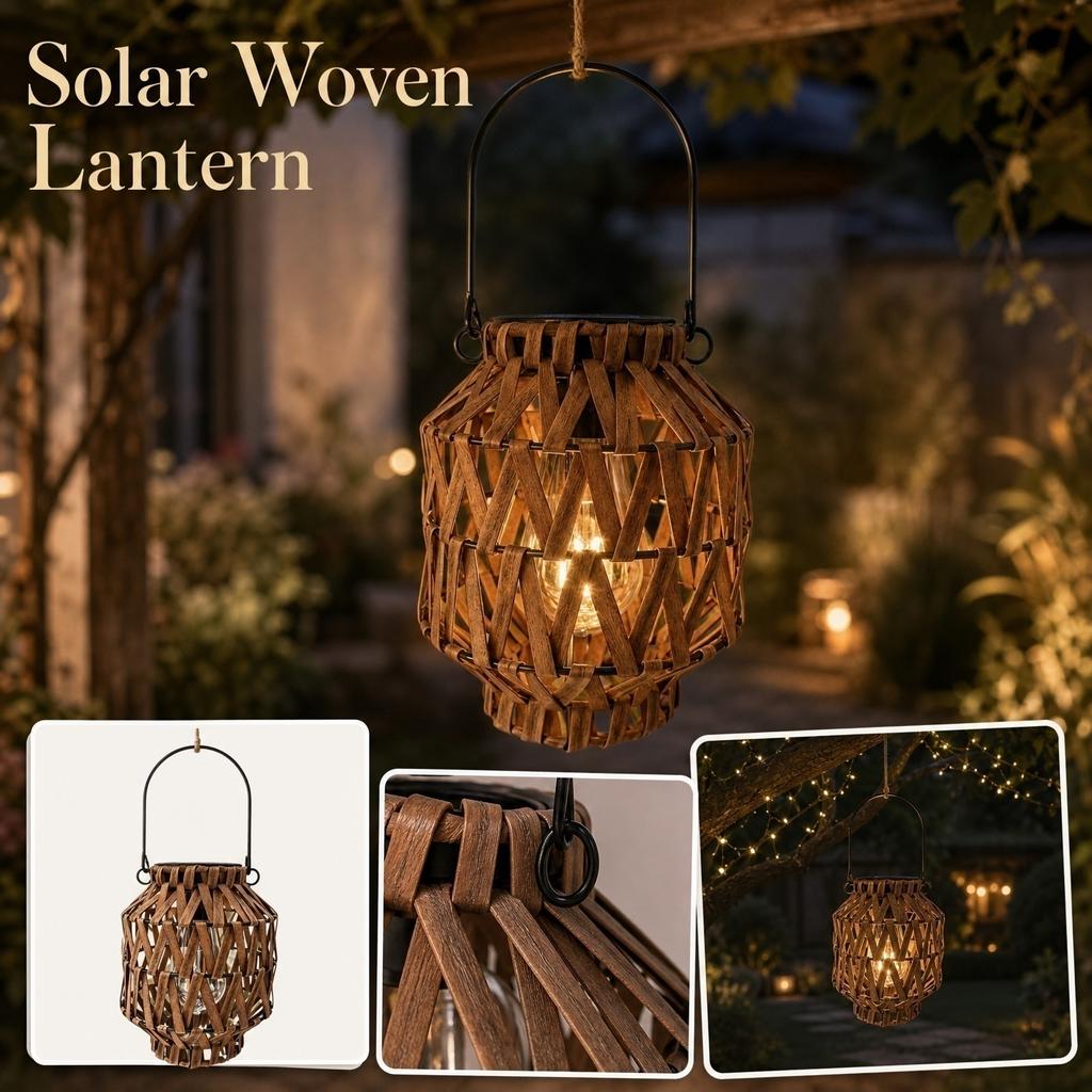 Solar Powered Outdoor Lantern Handwoven Rattan Hanging Light Portable Camping Garden Decorative Ambient Lighting Fixture