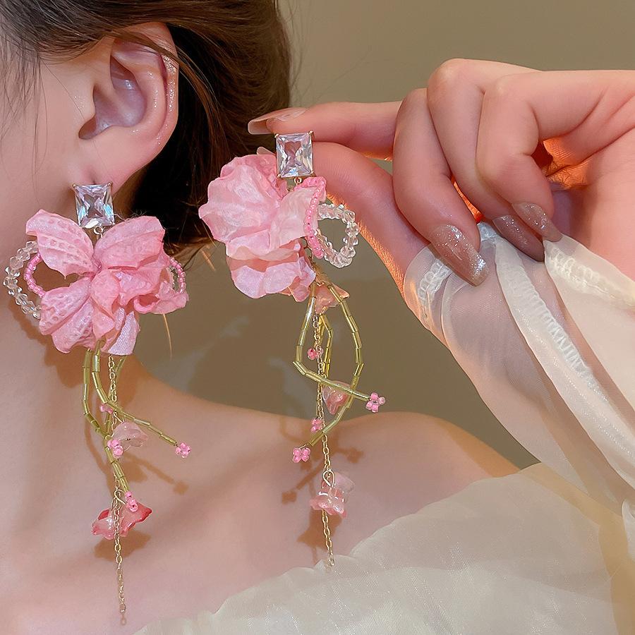 Silver needle chiffon flower fringed stud earrings sweet Mori dopamine earrings niche trend versatile earrings fashion women