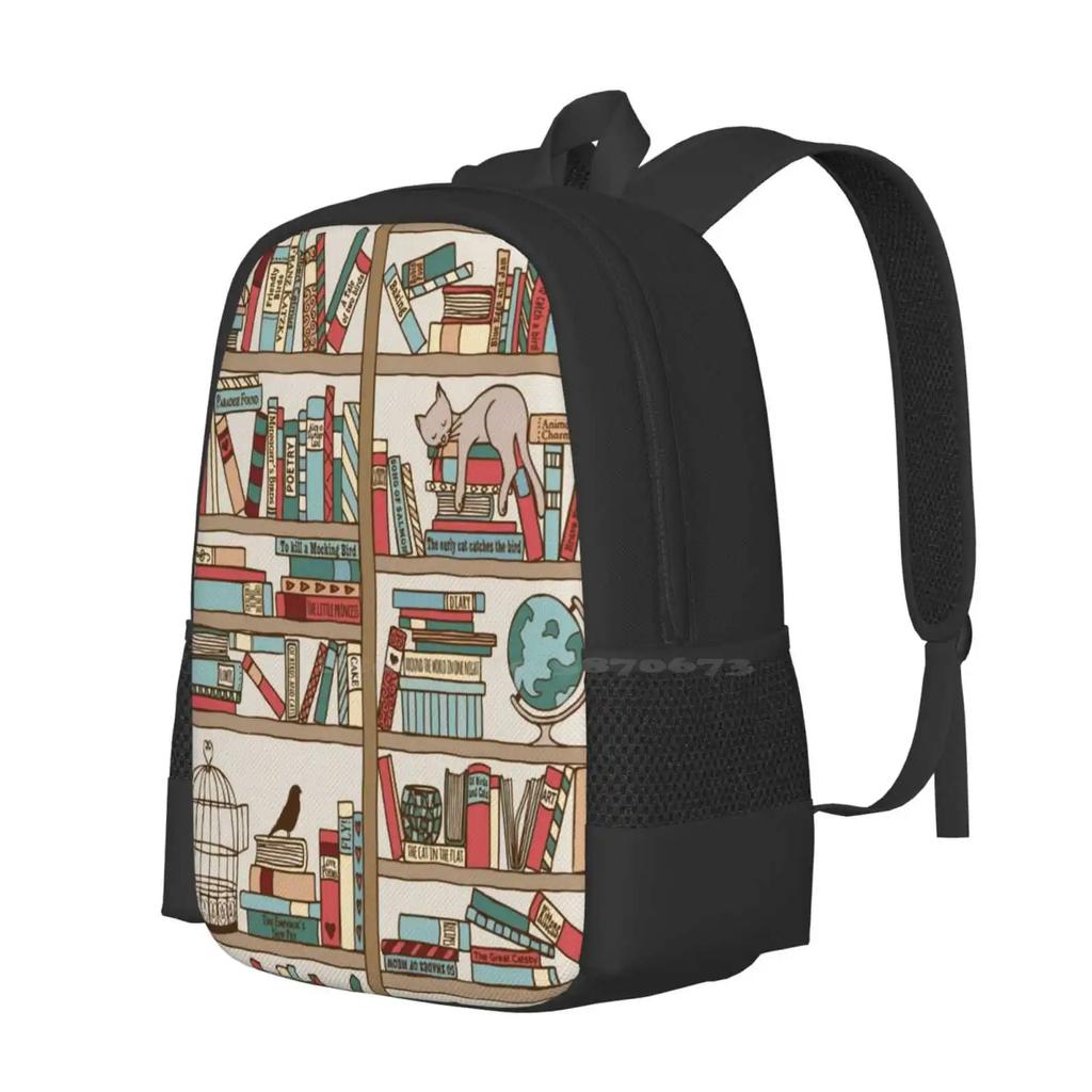 Bookshelf No.2 Pattern Design Bag Student's Backpack Cat Sleeping Bookshelf Hand Drawn Pattern Reading Writer Novel Literature