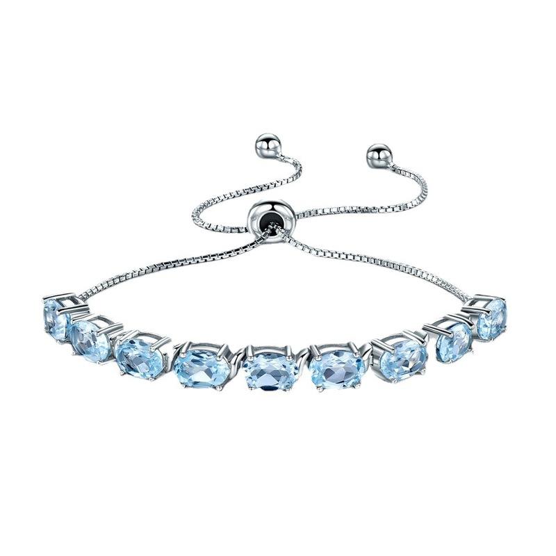 925 Sterling Silver Chain Link Charm Bracelets 9ct  Sky Blue Topaz Aquamarine For Women Party Fine Jewelry Adjustable Bracelet