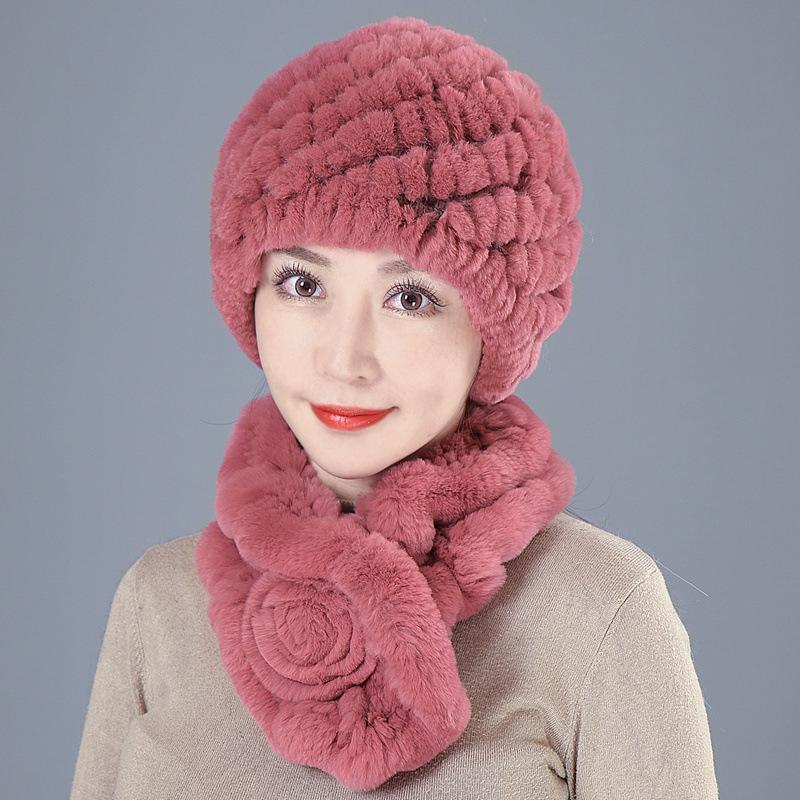 Middle-aged Rex rabbit hair hat female autumn and winter warm elderly grandmother ear protection fur mother wool scarf