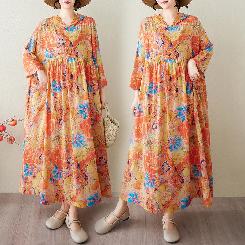 DIMANAF 2025 Summer Women Plus Size Vintage Basic Dress Floral Pleated Casual Long Loose Hooded Dress Maxi