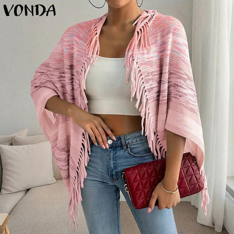 ZANZEA Women Batwing Long Sleeve Striped Open Front Tassel Hem Casual Knitted Sweaters Cardigans