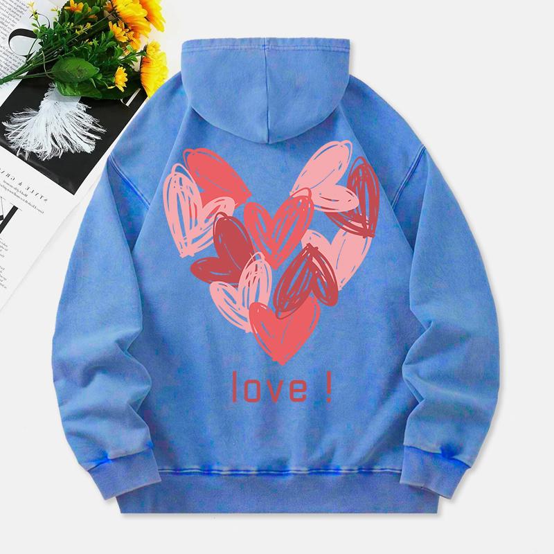 Love Heart Washed Hoodies Women Pink Graffiti Printing Cotton Streetwear Oversize Pocket Warm Womans Clothes