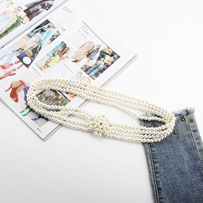 Ladies Dress Embellished With Four Rows Of High-Quality Pearl Elastic Elastic Flash Diamond Belt Waist Chain
