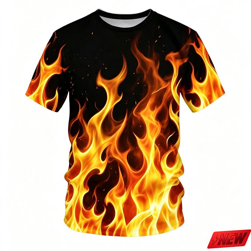 Men's 3D Color Flame Printed T-shirt for Summer Casual and Comfortable Short Sleeved Top, Fashionable Street Round Neck Clothing