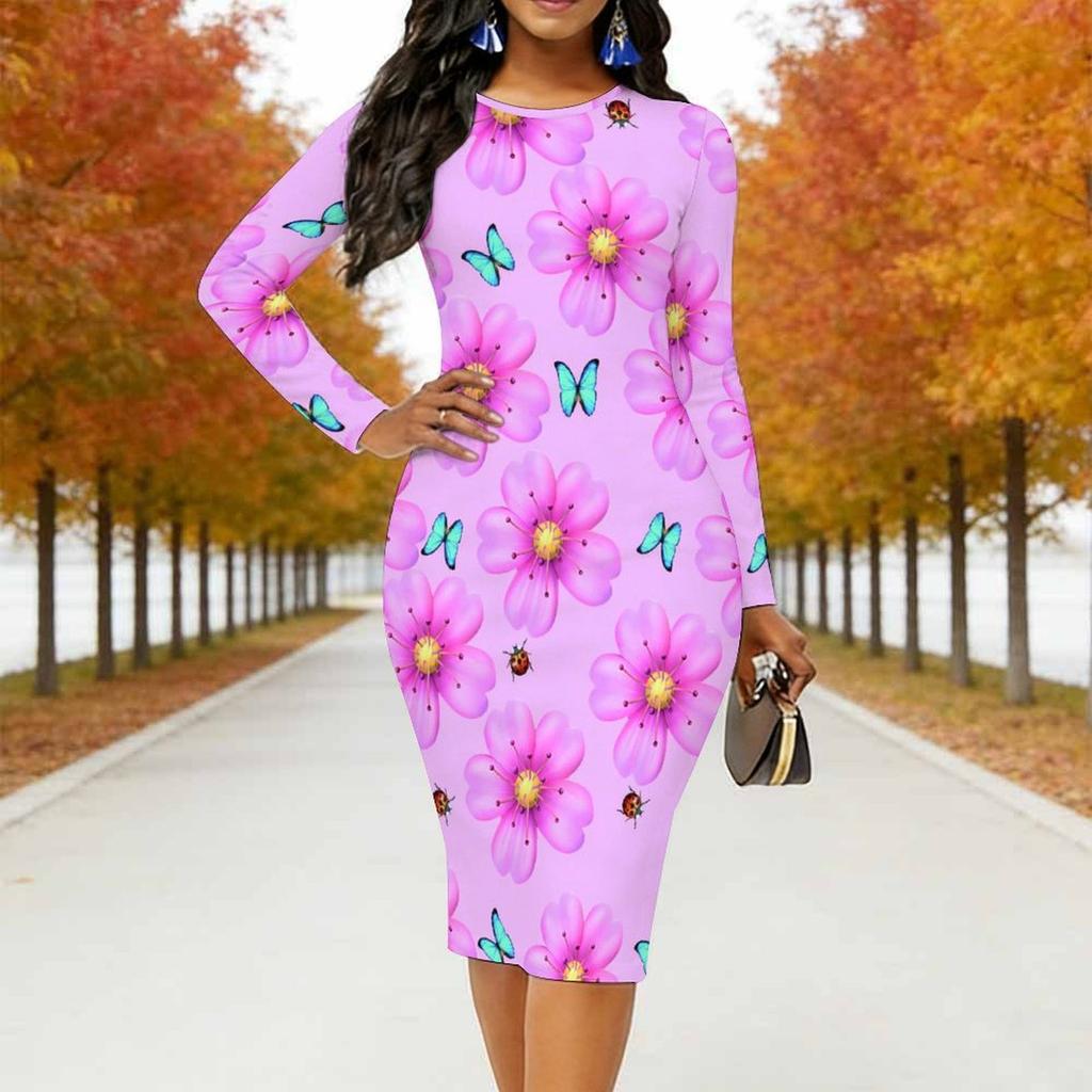 Plus Size Women Long Sleeve Round Neck Midi Dress Vibrant Butterfly Print Fitted Pencil Dress