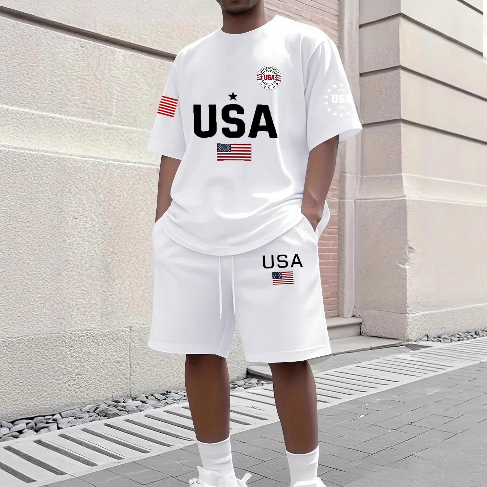 

Men s Casual Short Sleeve T-Shirt and Shorts Set Round Neck Top with Flag Print Lightweight Summer Outfit for Outdoor Activities XXXL белый