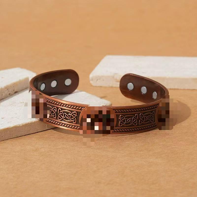 Magnetic Stone Bracelet Ring Set: Vintage Red Copper Floral Jewelry for Men & Women
