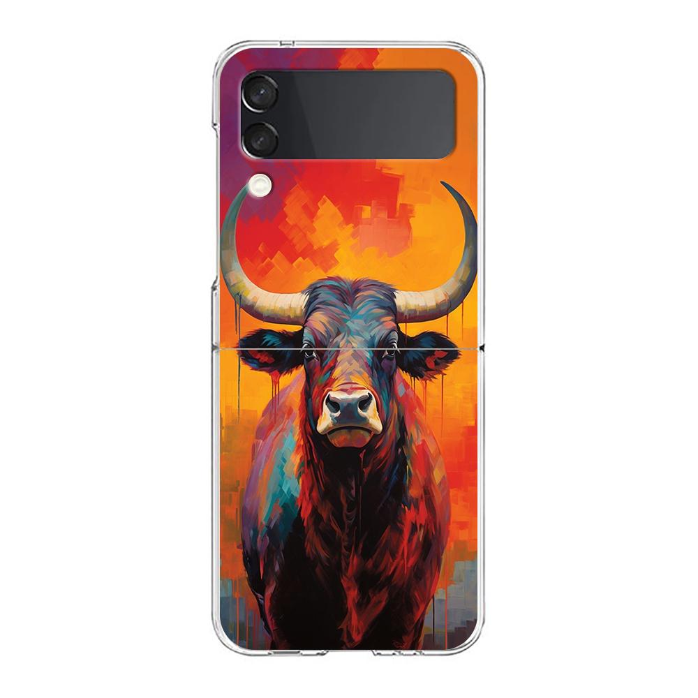 Phone Case For Samsung Galaxy Z Flip 3 4 5 Hard Folding Clear PC Bumper For Samsung Z Flip 6 Back Cover Bull Animal