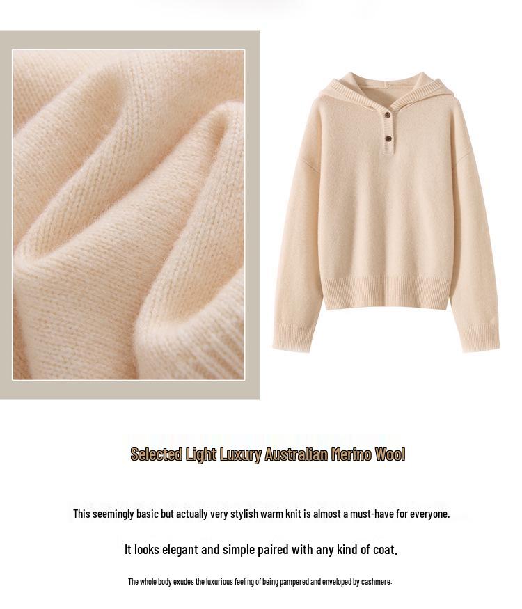 Women's Pure Wool Hooded Sweater - Thick, Loose, Casual Base Layer for Autumn/Winter