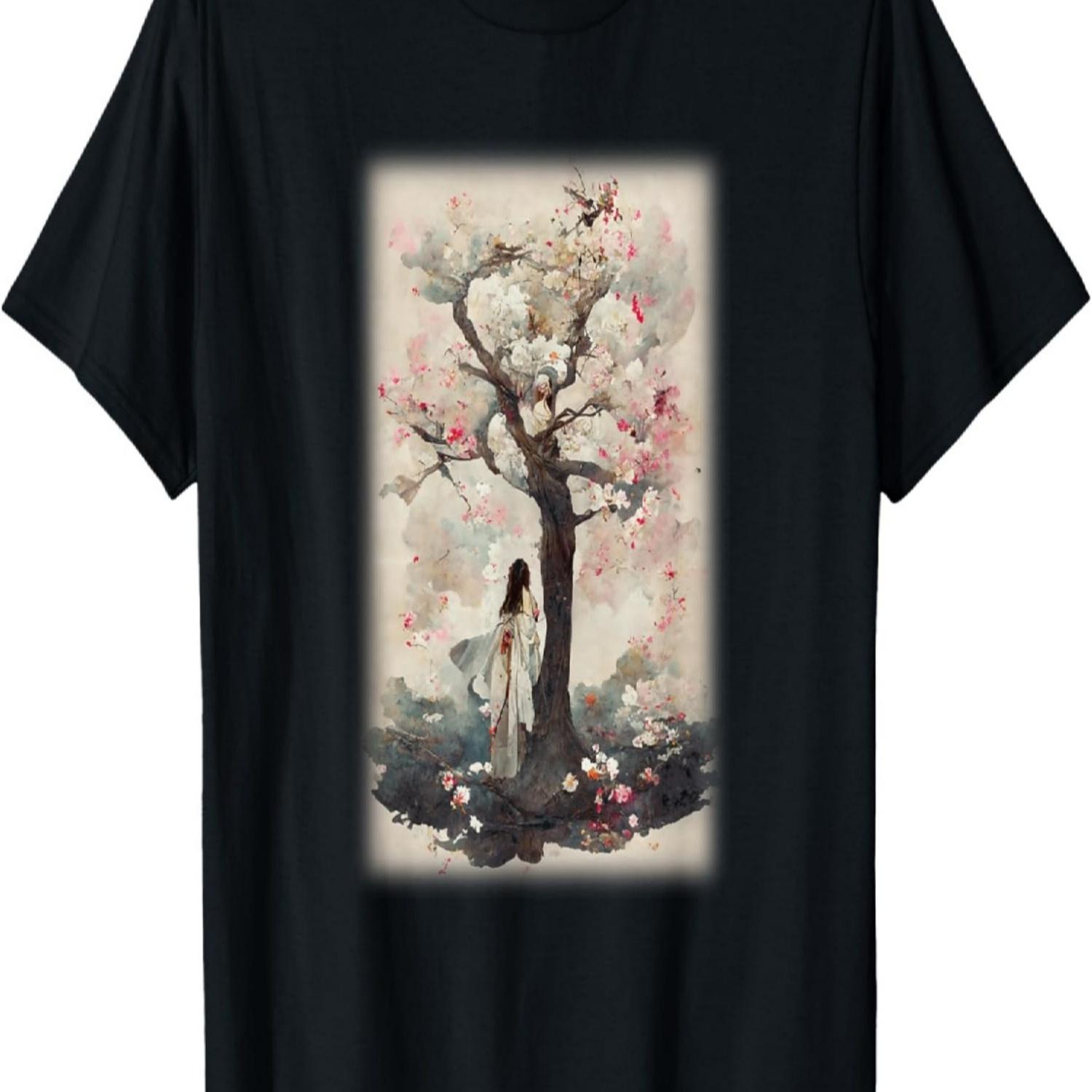 

Long Hair Girl Standing Sadly Cherry Blossom Tree T-Shirt S чёрный