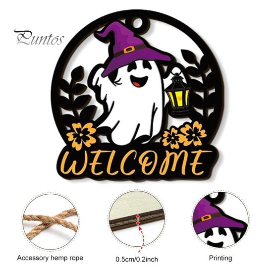 Decorative Wood Craft for Shop Halloween Ghost Pumpkin Round Wooden Welcome Door Hanger, Wall Plaque Spooky Party Favors with Rope, Hanging