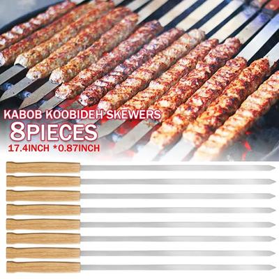 6/8 szt. Szaszłyki Kabab Koobideh 17 cali Stal nierdzewna Grillowanie BBQ Szaszłyki Wielokrotnego użytku Szaszłyki do grilla Płaski patyk z drewnianą rączką