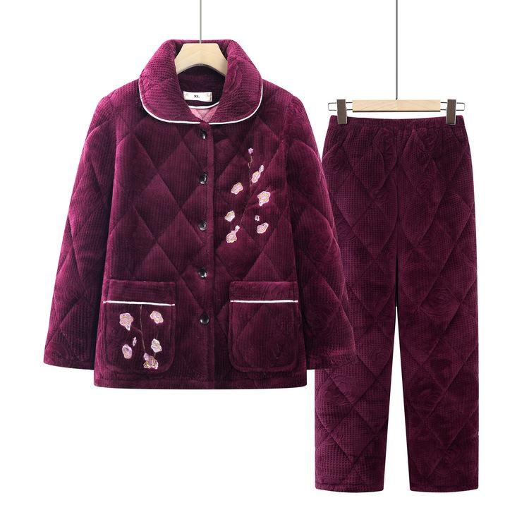 Middle-aged and Elderly Three-layer Cotton Pajamas Mothers In Autumn and Winter Thick Winter Clothes Grandma Warm Coral Fleece Home Clothes Set